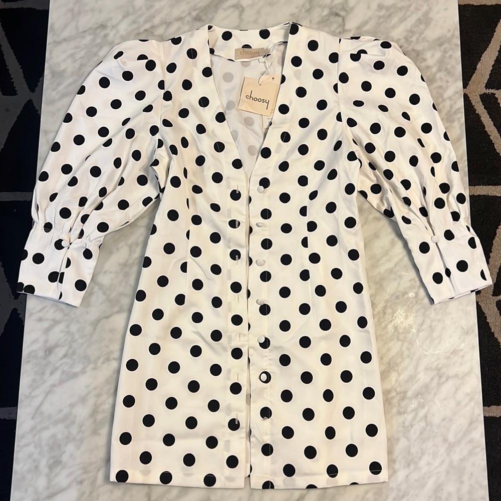 Choosy B&W Polka Dot Dress with 3/4 Puffy Sleeves size Women’s Small New w/ Tags